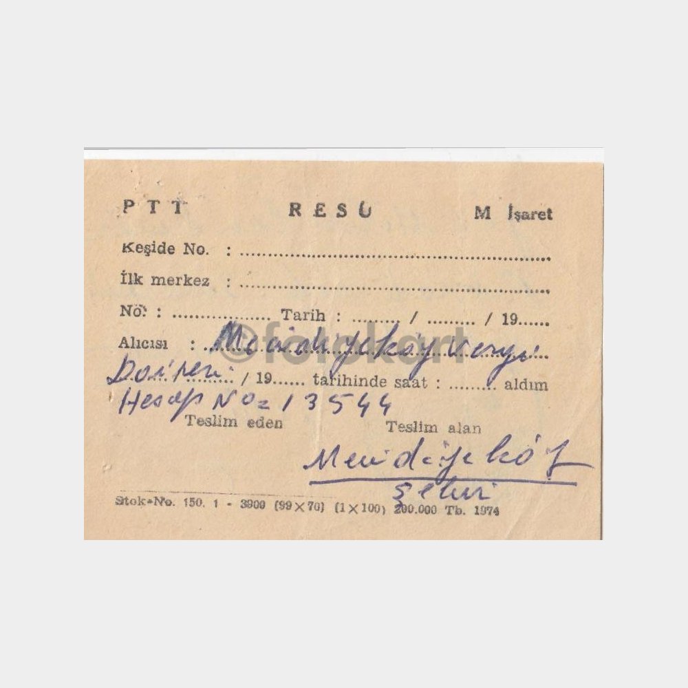 1978 PTT Posta Resu Makbuz Teslim Belgesi