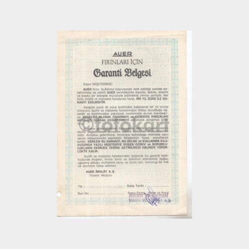 1970 Auer Fırın Garanti Belgesi