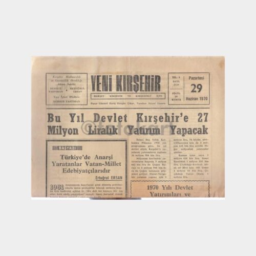 1970 Yeni Kırşehir Gazetesi (Haziran 29)