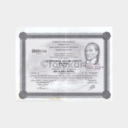 1987 1000 DM Özal Baskı İmzalı 024149 Petkim Tahvili