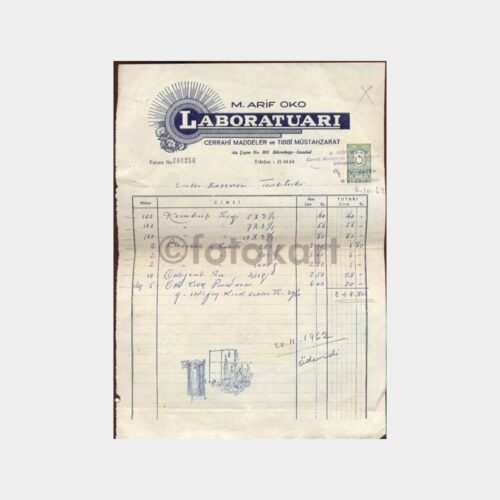 1962 M. Arif Oko Laboratuvarı Fatura
