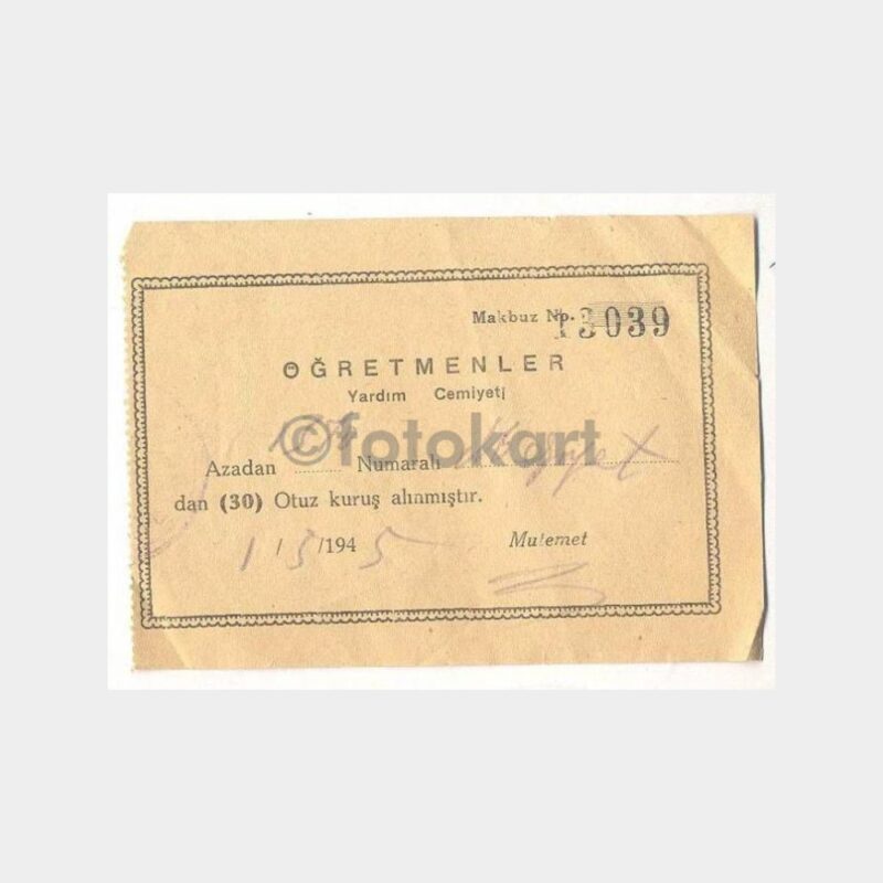 1945 Öğretmenler Yardım Cemiyeti Makbuzu