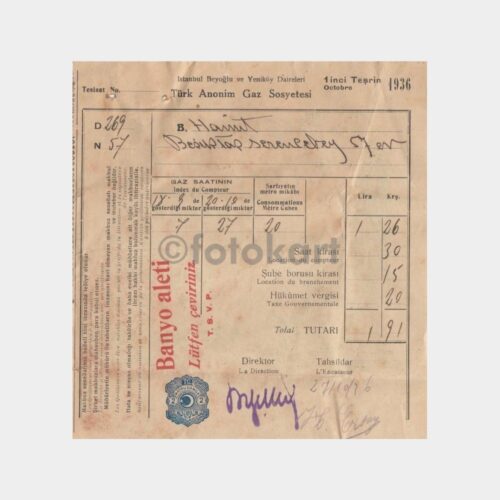 1936 İstanbul Havagazı Makbuzu