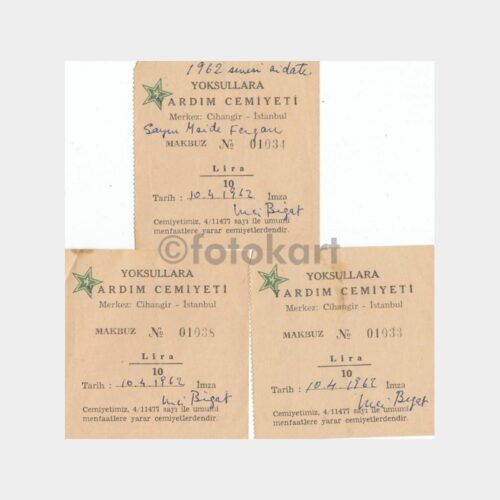 1962 Yoksullara Yardım Cemiyeti 3 Adet Makbuz