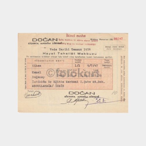 1956 Doğan Sigorta Tahsilat Makbuzu