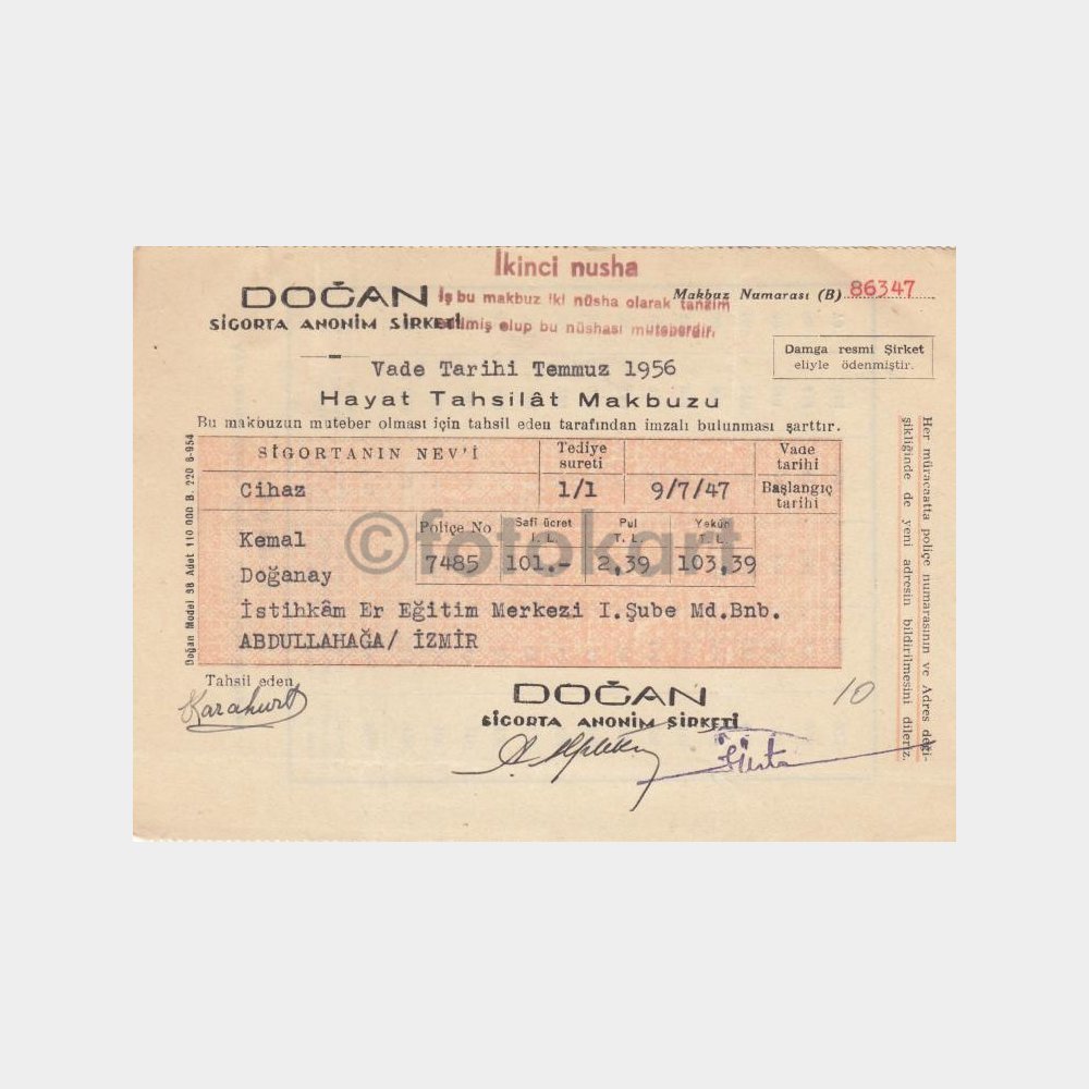 1956 Doğan Sigorta Tahsilat Makbuzu