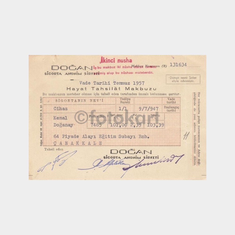 1957 Doğan Sigorta Tahsilat Makbuzu