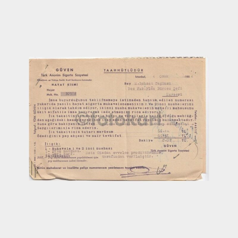 1953 Güven Sigorta Makbuzu (4 Adet)