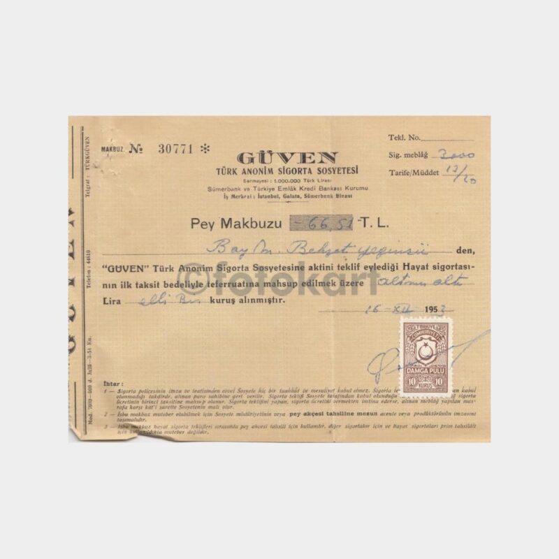 1953 Güven Sigorta Makbuzu (4 Adet) - Görsel 2