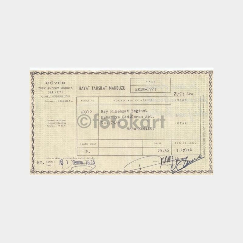 1953 Güven Sigorta Makbuzu (4 Adet) - Görsel 3