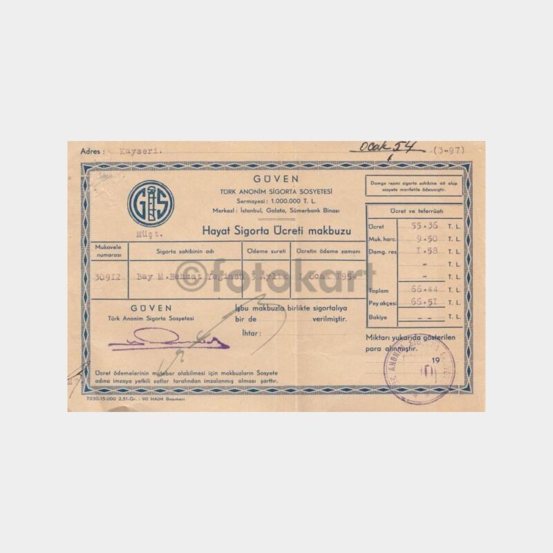 1953 Güven Sigorta Makbuzu (4 Adet) - Görsel 4
