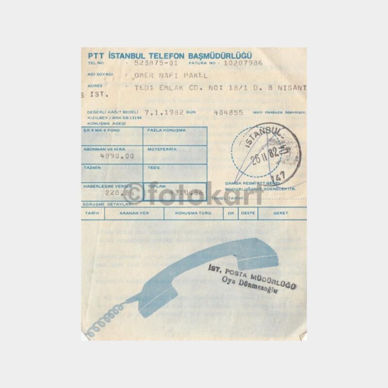 1982 PTT İstanbul Telefon Tahsilat Makbuzu
