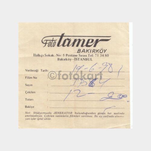 1981 Bakırköy Foto Tamer Makbuzu