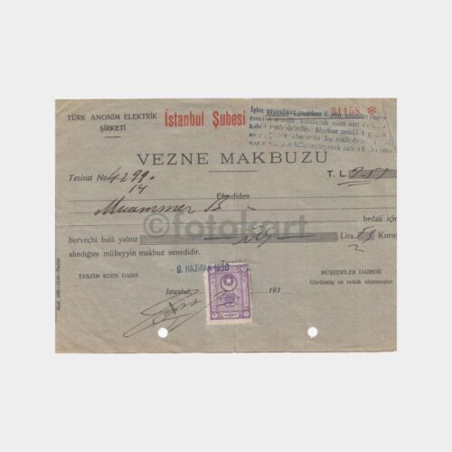 1930 Türk Anonim Elektrik Şti İstanbul Makbuzu