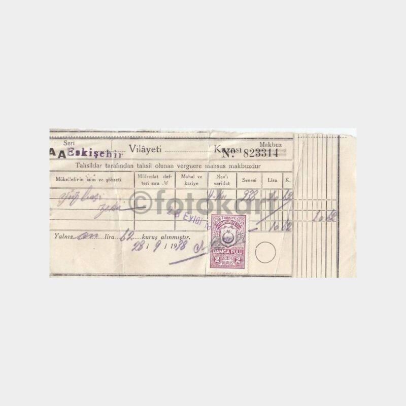 1938 Eskişehir Vergi Makbuzu