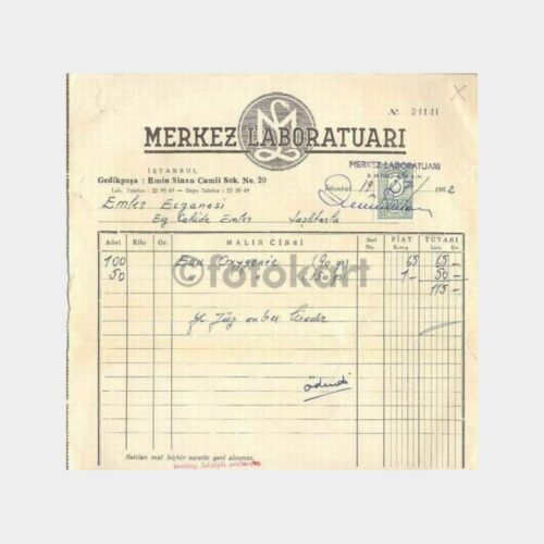1962 İstanbul - Merkez Laboratuvarı Fatura