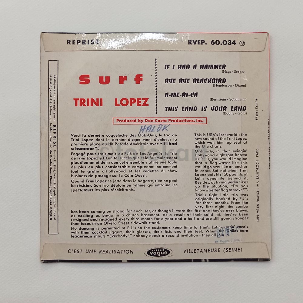 Trini Lopez, Surf-If I Had a Hammer Fransa Baskı 45'lik Plak - Görsel 2