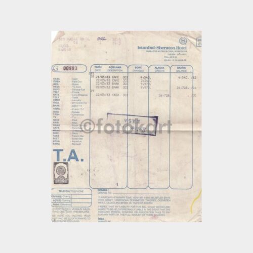 1983 İstanbul Sheraton Oteli Faturası-Efemera