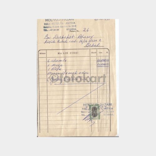 1970 İstanbul Osmanbey Holivut Pazarı Mobilya Faturası