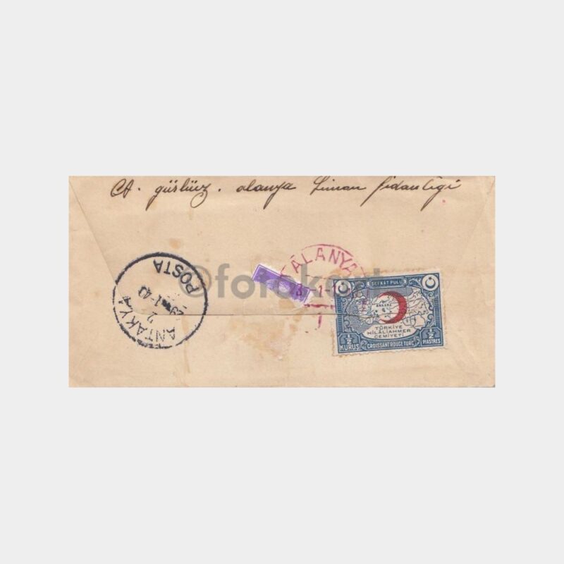 1946 Alanya Posta Damgalı Zarf