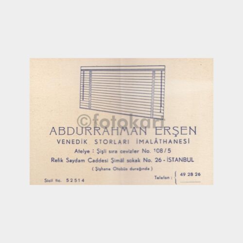 1960 Şişli Abdurahman Erşen İşyeri Kartı