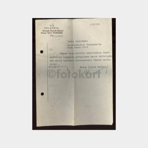 1950 İstanbul Birleşik Mahalli İdaresi Yazısı