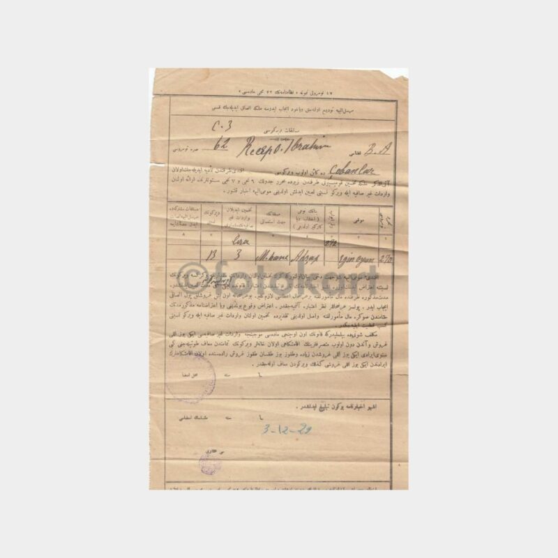 1929 Emlak Vergisi Tahakkuk Bildirimi