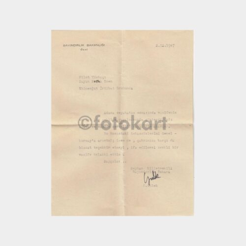 1947 Bayındırlık Bakanı Kasım Gülek Teşekkür Yazısı