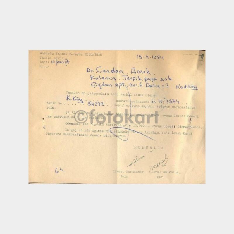 1984 Kızıltoprak Telefon Başvuru Cevap Yazısı