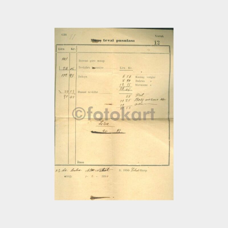 1934 Maaş Tevzi Pusulası (Şubat)