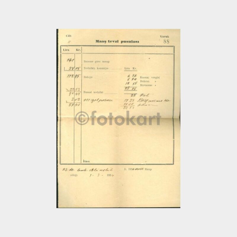 1934 Maaş Tevzi Pusulası (Mart)