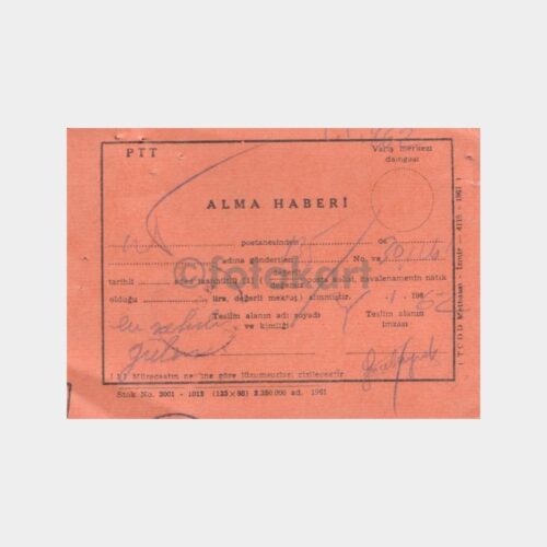 1962 PTT Posta Alma Haberi Kartı