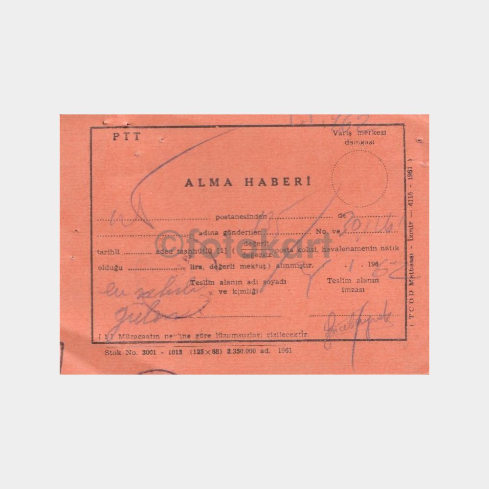 1962 PTT Posta Alma Haberi Kartı