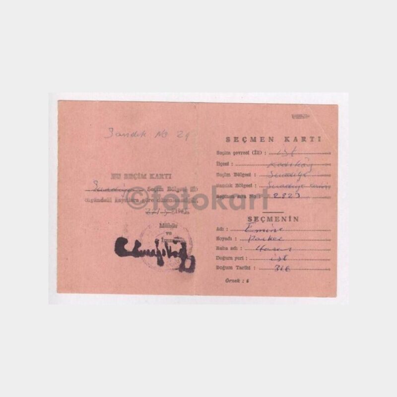 1965 Suadiye Bölgesi Seçmen Kartı