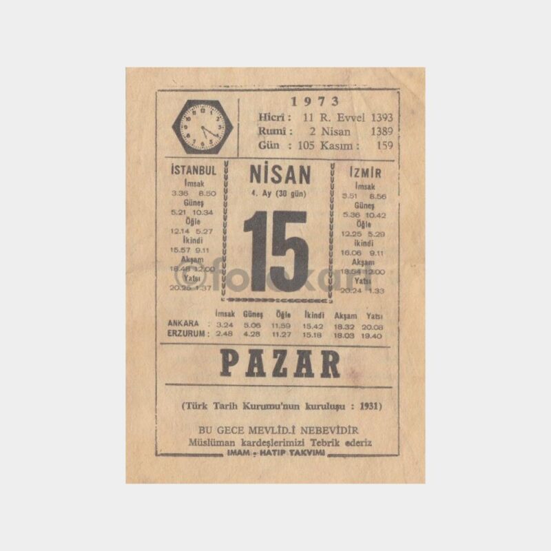 1973 - 15 Nisan Eski Takvim Yaprak Sayfası