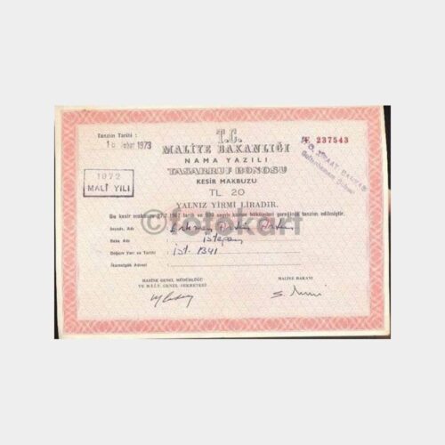 1972 Mali Yılı 20 TL Tasarruf Bonosu Kesir Makbuzu