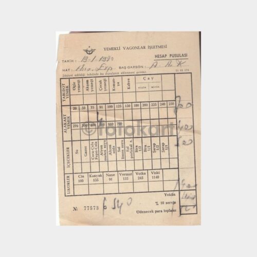 1972 TCDD Yemekli Vagonlar Hesap Pusulası (77573)