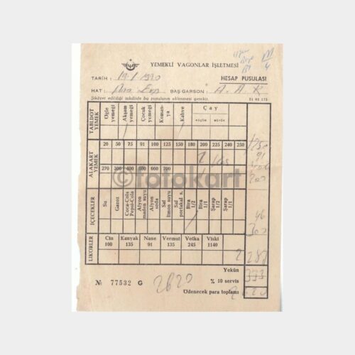 1970 TCDD Yemekli Vagonlar Hesap Pusulası (77532)