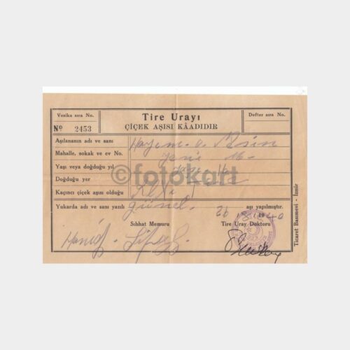 1940 Tire Belediyesi Çiçek Aşı Kağıdı