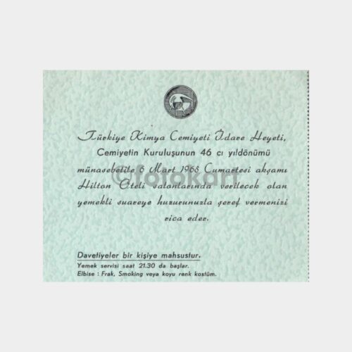 1965 Türkiye Kimya Cemiyeti 46. Yıl Davetiyesi