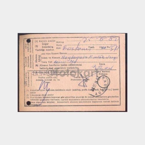 1980 Vergi Mektubu Taahhüd Alındı Kartı