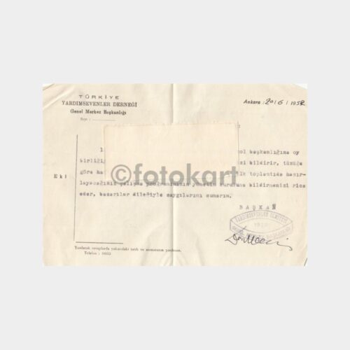 1952 Türkiye Yardımsevenler Derneği Yazısı