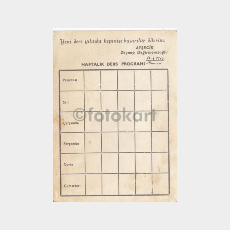 1964 Ayşecik Zeynep Değirmencioğlu Ders Programı Kartı - Görsel 2