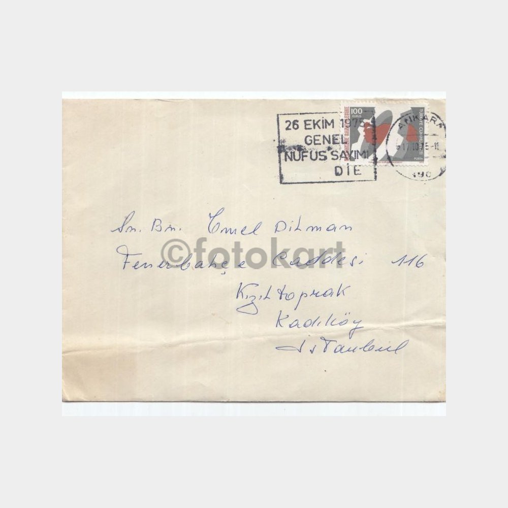 1975 Genel Nüfus Sayımı Damgalı Zarf