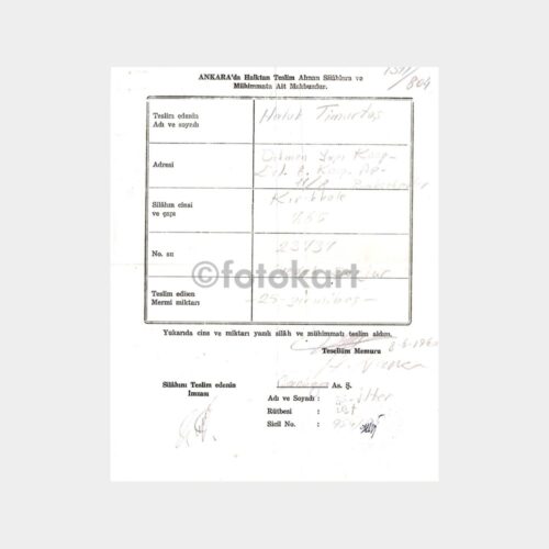 1960 Ankara Silah ve Mühimmat Teslim Belgesi