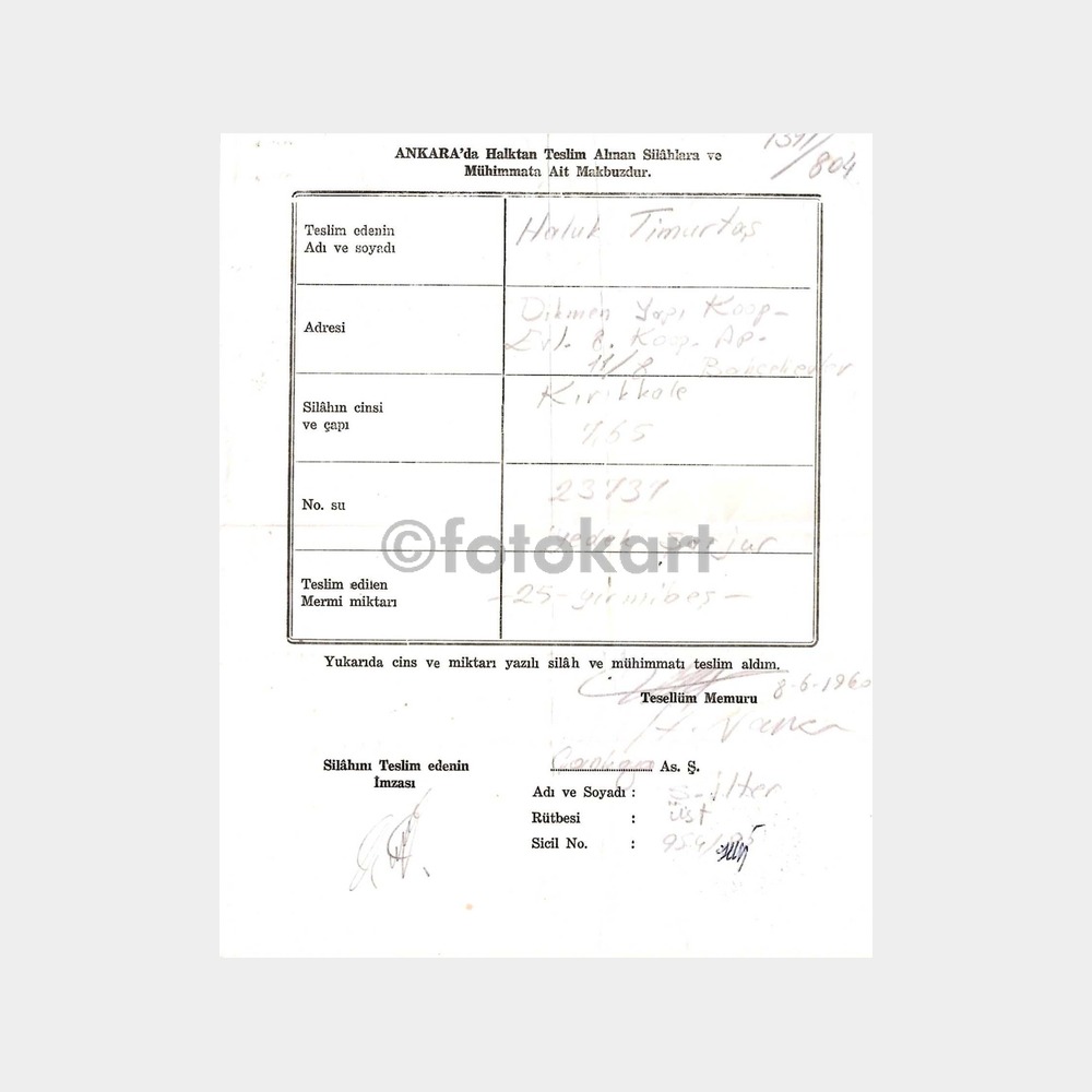 1960 Ankara Silah ve Mühimmat Teslim Belgesi