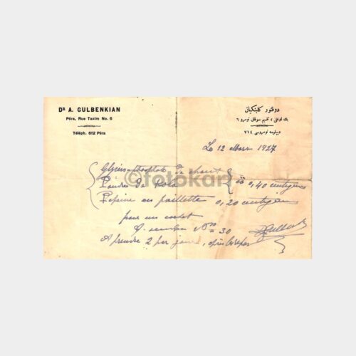 1927 Doktor A. Gulbenkian Pera Beyoğlu Reçete