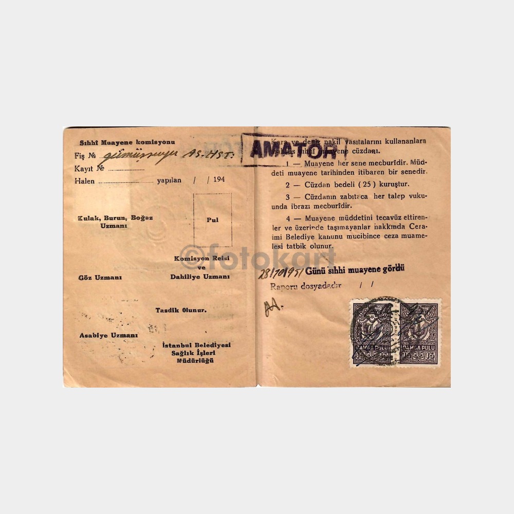 1951 Sıhhi Muayene Cüzdanı (Ehliyet)