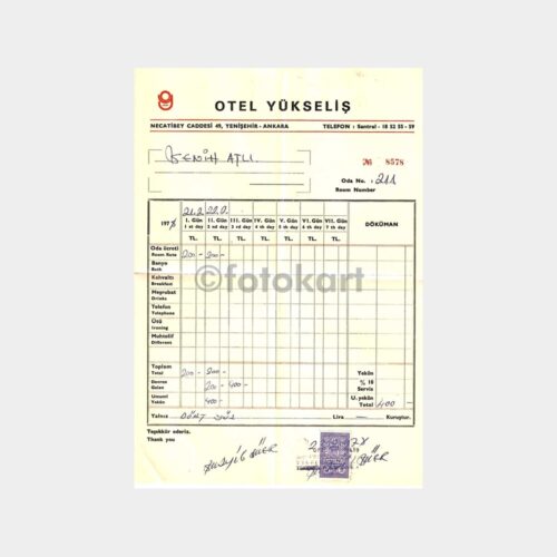 1978 Ankara Yenişehir Otel Yükseliş Fatura