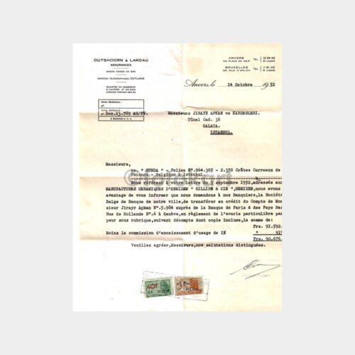 1952 Belçika Sigorta Acentesi Ticari Yazışma-Mektup